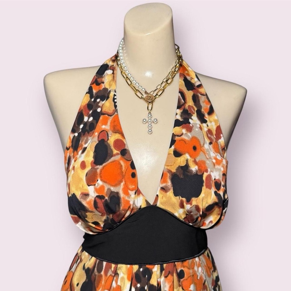 Vintage Halter Maxi Dress in Abstract Boho Chic Orange Yellow and Black Pattern - Picture 3 of 8
